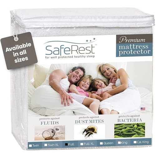 SafeRest 100% Waterproof Full Size Mattress Protector - Fitted with Stretchable Pockets - Machine Washable Cotton Mattress Cover for Bed - Perfect Bedding Airbnb Essentials for Hosts
