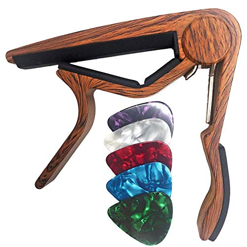 WINGO Classical Flat Guitar Capo for Nylon String Guitars-Rosewood Finish with 5 Picks.