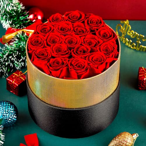 Eterfield Forever Flowers in a Box Preserved Roses That Last a Year Flowers for Delivery Prime Gifts for Her Mothers Day Valentines Day (Round Black Gold Box, 18 Red Roses)