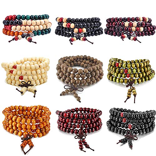 K&Q 9 Pcs Mens Womens Wood Necklace Chain Bracelets, Handmade Multilayer 8MM 108 Buddhist Prayer Strand Wood Beaded Bracelet Necklace Buddhist Beads Elastic