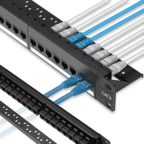 Rapink Patch Panel 24 Port Cat6 with Inline Keystone 10G Support, Pass-Thru Coupler UTP 19-Inch with Removable Back Bar, 1U Network Patch Panel for Cat6, Cat5e, Cat5 Cabling