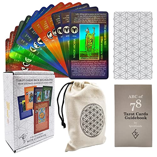 SpiritGuide Tarot Cards Deck Holographic with Meanings on it for Beginners and Guidebook, Carry Bag