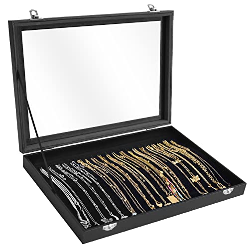 Siveit Necklace Organizer Box Premium 20 Hooks Necklace Display Jewelry Tray with Transparent Lid Jewelry Necklace Display Box for Necklace Pendants Suitable for Women and Girls (Black)