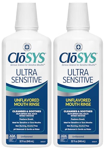 CloSYS Ultra Sensitive Mouthwash, 32 Ounce (Pack of 2), Unflavored (Optional Flavor Dropper Included), Alcohol Free, Dye Free, pH Balanced, Helps Soothe Entire Mouth