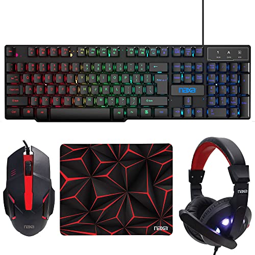 Naxa NG-5001A 4-in-One Professional Gaming Combo with Full-Size LED Backlit Keyboard, Wired Mouse, Headphones, and Mouse Pad, Red
