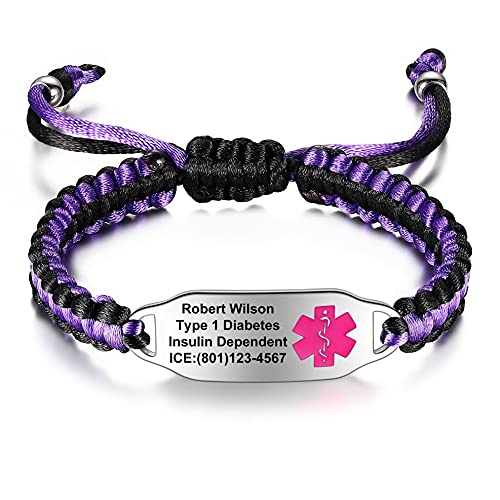 Medical Alert Bracelets for Women Personalized | Custom Medical Alert ID Bracelets Free Engraved | Tow-tone Purple&Black Polyester Rope Hand-made Braided Bracelet, Adjustable (6.5-8.5 inches)
