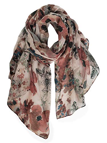 GERINLY Lightweight Scarves Fashion Flowers Print Shawl Wrap for Women Dressy Summer Neck Accessory Pretty Sarong (Brown)