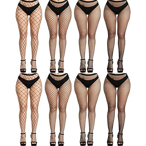 Buauty 8 PCS Black Fishnet Stockings For Women, Thigh Hight Fishnet Tights, Ladies Fish Net Tights Plus Size One Size Fit All