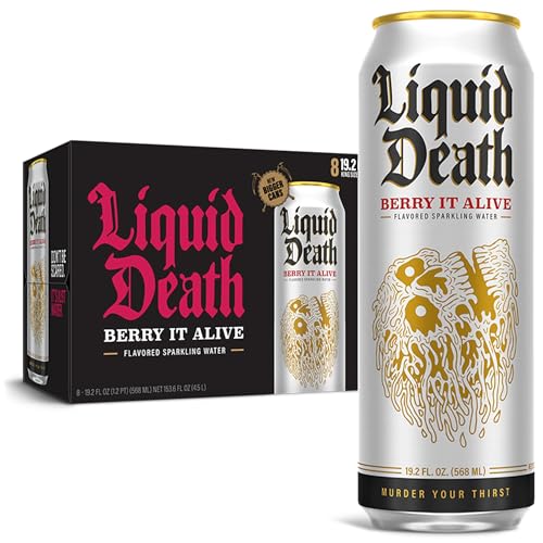 Liquid Death, Berry It Alive Sparkling Water, Berry Flavored Sparkling Beverage Sweetened With Real Agave, Low Calorie & Low Sugar, 8-Pack (King Size 19.2oz Cans)