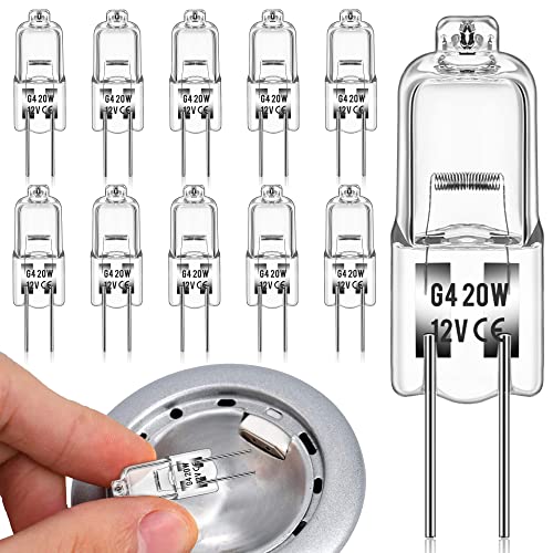 DORESshop Halogen Light Bulbs, 10 Pack G4 Bulb, Halogen Light Bulbs 2 Pin 12V 20W T3 Bi-Pin G4 Base 350lm Long Lifetime Dimmable 3000K Halogen Bulbs for Under Cabinet Puck Light, Chandeliers