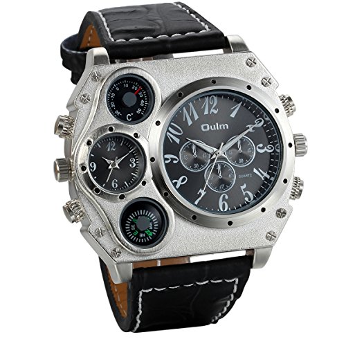 JewelryWe Military Watch for Men 2 Time Zone Big Quartz Watch Mens Leather Wrist Watch Cool Casual Sports Wirstwatch