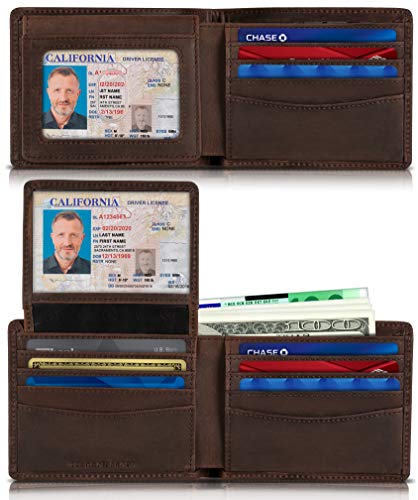 SERMAN BRANDS 2 ID Window Wallet for Men RFID Blocking Leather, Bifold Top Flip, Extra Capacity Travel Wallet (Texas Brown Executive)