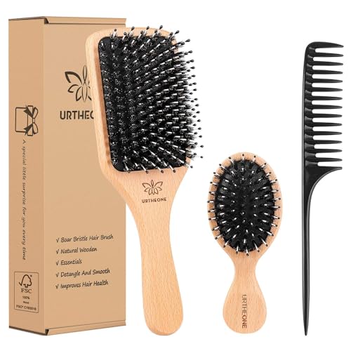 Boar Bristle Hair Brush and Comb Set for Women Men Kids, Best Natural Wooden Paddle Hairbrush and Small Travel Styling Brush for Wet or Dry Hair Detangling Smoothing Massaging