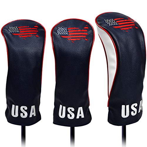 USA Golf Head Covers for Driver & Fairway Woods (Set of 3) - Premium Leather Headcovers, Designed to Fit All Woods and Drivers (Navy)