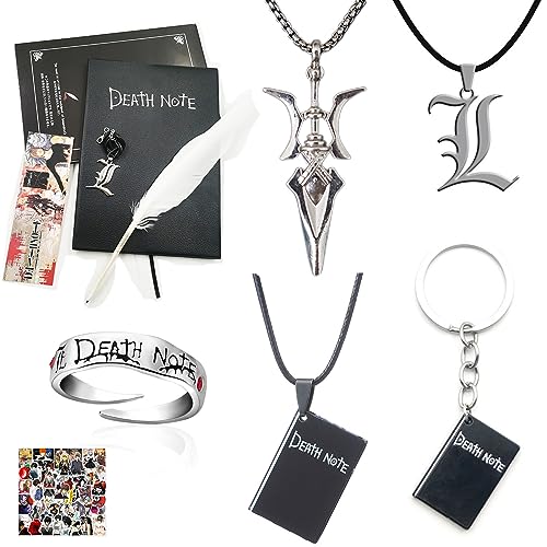 XHBTS 57 Set Anime Death Notebook and Feather Pen Death Ring L Necklace Keychain The Moon Goddess Pendant Necklace Stickers for Women Men Friends