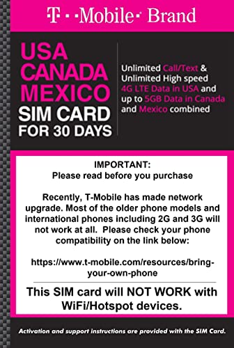 T Mobile Prepaid Brand USA, Canada, Mexico Prepaid Travel SIM Card Unlimited Call/Text & Unlimited High Speed 4G LTE Data in USA & up to 5GB Data in Canada & Mexico Combined. (30 Days)