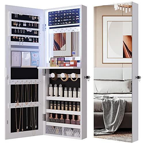 FREDEES LED Jewelry Mirror Cabinet with 42.52' Tall Door Mirror,Lockable Wall Mounted Jewelry Organizer, Full Length Mirror Jewelry Cabinet,2 Small Storage Boxes (White)