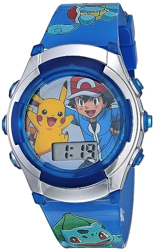 Accutime Kids Pokemon Pikachu & Ash Digital LCD Quartz Blue Wrist Watch with Blue Strap, Cool Inexpensive Gift & Party Favor for Boys, Girls, Adults All Ages (Model: POK3017)