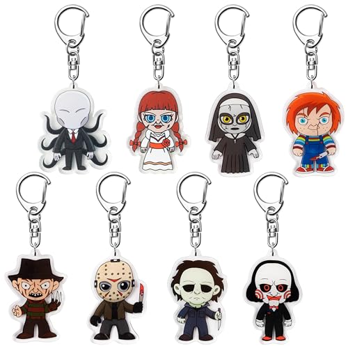 Laffact 8Pcs Horror Classic Movie Characters Acrylic Keyring Accessories for Keys Wallets Backpack Scary Movies Figure Pendant Hanging Key Chain Decorations with Rotatable Link for Gift