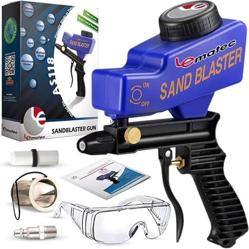 LE LEMATEC AS118 Sand Blaster Gun Kit for Air Compressor, Paint/Rust Remover for Metal, Wood & Glass Etching, Up to 150 PSI Blasting Media for Aluminum, Sand, Walnut Shells & Soda Blaster Jobs, Blue