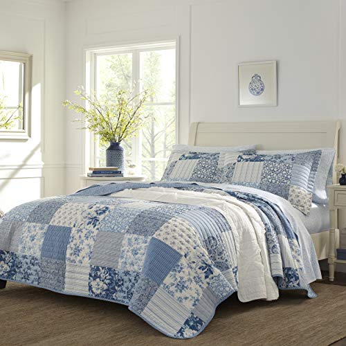 Laura Ashley - King Quilt Set, Reversible Cotton Bedding with Matching Shams, Farmhouse Inspired Home Decor (Paisley Printed Patchwork Blue, King)