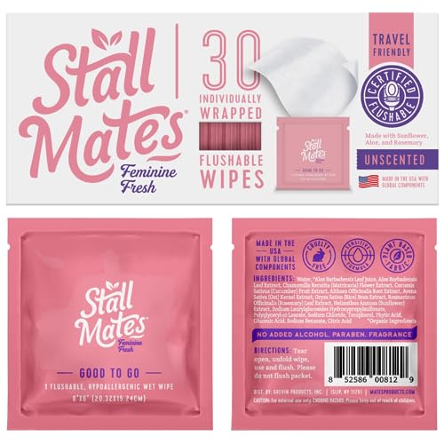 Stall Mates Wipes Feminine Fresh - Flushable | Individually Wrapped Cleansing Travel Friendly PH balanced Unscented with Sunflower, Rosemary and Aloe (30 on-the-go singles)