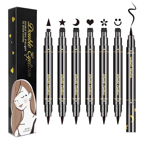 LOKFAR 6 Pcs Double-Side Liquid Eyeliner Stamp Pen Set, Eye Liners for Women Waterproof Eyeliner Pencil Black Eye-liner Stencils Long-Lasting Tattoo Makeup-Triangle,Star,Moon,Heart,Flower,Smiley