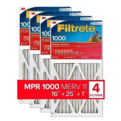 Filtrete 16x25x1 AC Furnace Air Filter, MERV 11, MPR 1000, Micro Allergen Defense, 3-Month Pleated 1-Inch Electrostatic Air Cleaning Filter, 4 Pack (Actual Size 15.69 x 24.69 x 0.81 in)