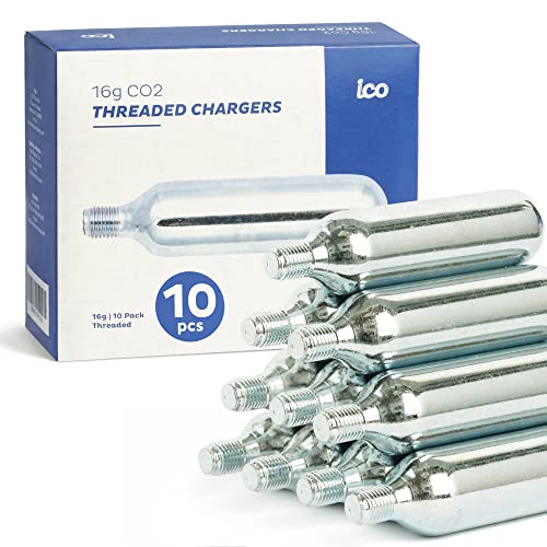 ICO CO2, 10pcs, 16g Threaded CO2 Cartridges, CO2 Cartridges for Use with CO2 Bike Tire Inflator, C02 Cartridges for MTB & Road Bikes, Food Grade CO2 Cartridges