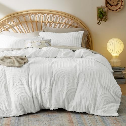 Bedsure Boho Duvet Cover Queen - Tufted Arch Design Duvet Cover, 3-Piece Shabby Chic Boho Bedding, Soft and Breathable Duvet Cover (White, Queen, 90'x90')