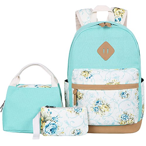 Bluboon Canvas School Backpack Set 3 Pieces Lightweight Teen Girls Bookbags Insulated Lunch Bag Pencil Case (Water Green-flower)