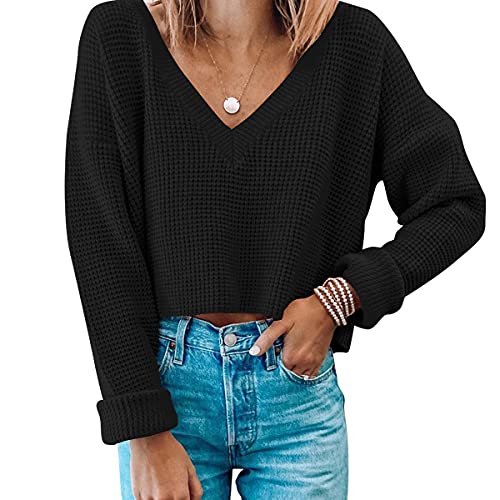 Womens V Neck Long Sleeve Tops Crop Waffle Knit Crepped Casual Loose Pullover Crop Sweater S Black