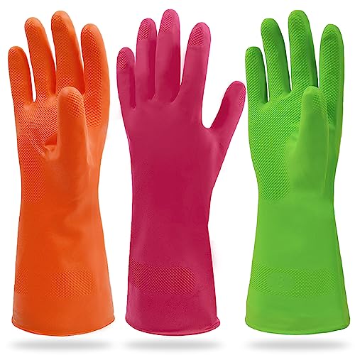 Cleanbear Synthetic Rubber Gloves, Medium Size, 11.8 Inches, 3 Pairs 3 Colors for Household Cleaning, Dishwashing and Other Home Cleaning Use