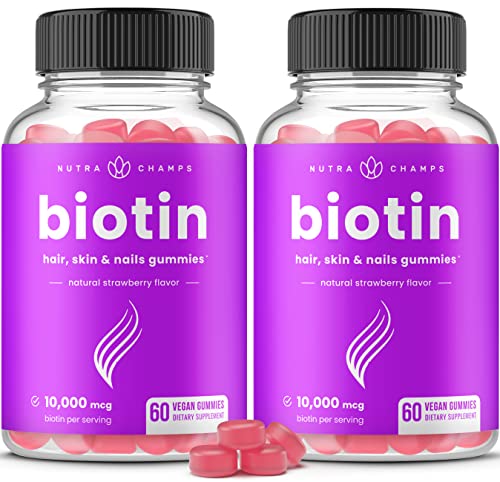 NutraChamps (2 Pack) Biotin Gummies 10,000mcg [High Potency] for Healthy Hair, Skin & Nails for Adults & Kids - 5000mcg in Each Gummy Vitamin - Vegan, Non-GMO, Pectin-Based Hair Health Supplement