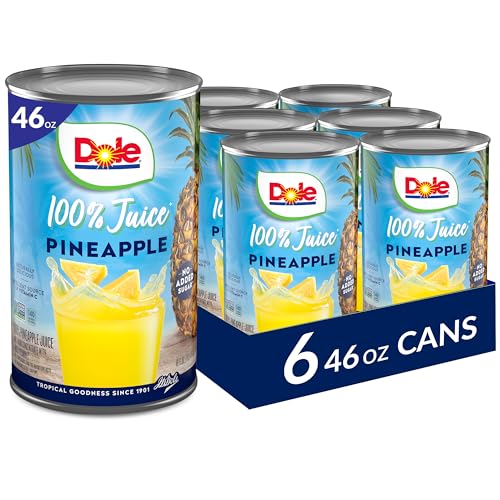 Dole 100% Pineapple Juice, No Added Sugar, Excellent Source of Vitamin C, 100% Fruit Juice, 46 Fl Oz, 6 Cans, Packaging May Vary