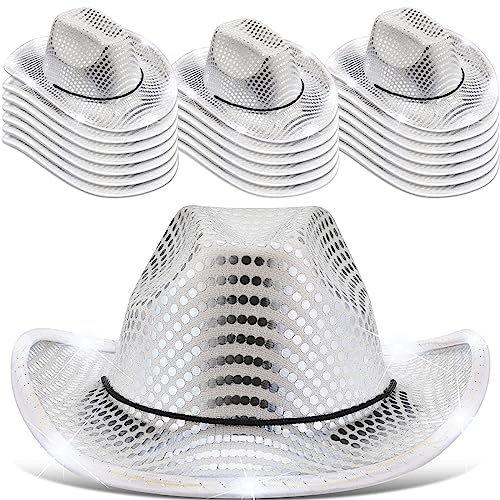 Tisancy 20 Pack Lights Cowboy Cowgirl Hat LED Flashing Hat Light Up Hat for Western Bachelorette Party Wedding Bridal (Silver, Sequin)