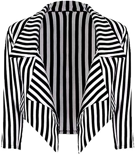 Loxdonz Women's ¾ Sleeves Stripes Print Open Front Waterfall Crop Blazer Jacket Coat (X-Large/US (12-14), Black/White)