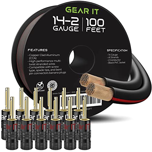 14 Gauge Speaker Wire (100 Feet /30.48 Meters) with Banana Plugs (6 Pairs, 12 Pieces) GearIT Pro Series 14 AWG Speaker Cable - Black