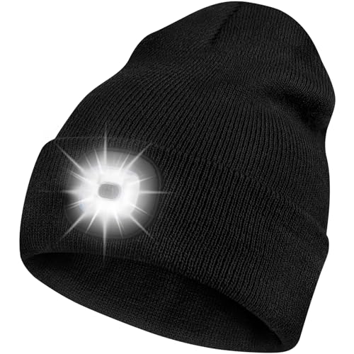 Bosttor LED Beanie Hat with Light, Rechargeable Headlamp Cap, Unisex Winter Warm Knitted Hats, Headlight Flashlight for Running Hiking Camping,Tech Gifts for Men Women Handyman Teens Black