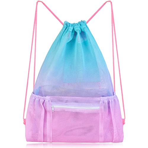 Nidoul Mesh Drawstring Bag with Zipper Pocket, Beach Bag for Swimming Gear Backpack Gym Storage Bag for Adult Kids (Pink Blue)