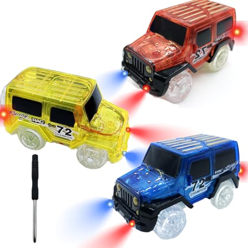 Tracks Cars Replacement with LED Light Glow Car Toys, Glow in The Dark, Race Car Track Compatible with Car Tracks Toys for Kids for Boy Girl Age 3-12 Years Old(3PCS)