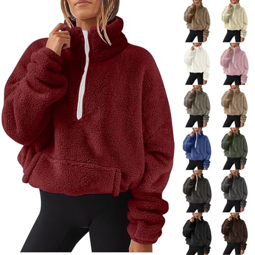 Brown Sweatshirt for Women Half Zip Sherpa Pullover Fuzzy Fleece Oversized Sweatshirts Sweater Long Sleeve Quarter Zip Pullover with Pocket 2023 Fall Winter Sherpa Lined Hoodie Brown Hoodie
