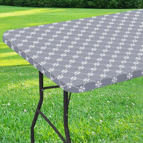 misaya Rectangle Vinyl Table Cloth, Elastic Fitted Flannel Backed Tablecloth, 100% Waterproof Plastic Table Cover Fits 6 Foot Folding Tables for Picnic, Camping, Outdoor (Grey, 30' x 72')