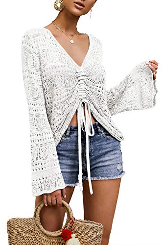 Saodimallsu Womens Boho Off Shoulder Sheer Crop Tops Bell Sleeve Flowy Oversized Crochet Ruched Pullover Sweaters White