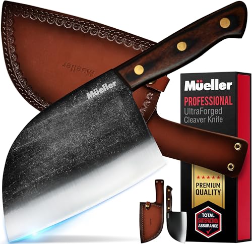 Mueller Outstanding Ancient Forged Serbian Meat Cleaver Knife 6.7” Full Tang, High-Carbon Steel Chef Knife, Pakkawood Handle, Kitchen Knives, Set with Leather Sheath, Butcher