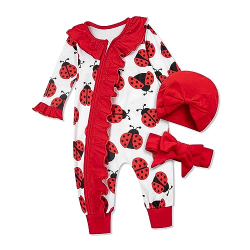 Abbence Baby Girl 3-6 months Clothes - Ladybug with Ladybug Print, Hat, and Headband Rompers