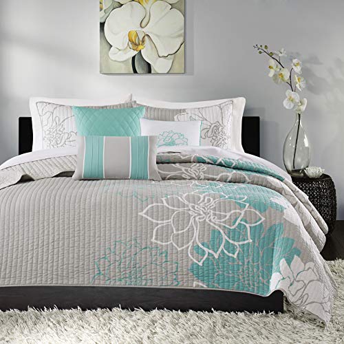 Madison Park Lola 100% Cotton Quilt Set - Casual Floral Channel Stitching Design, All Season, Lightweight Coverlet Bedspread Bedding, Shams, Decorative Pillows, King/Cal King(104'x94'), Aqua 6 Piece