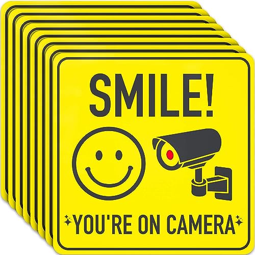 ASSURED SIGNS Smile You're On Camera Signs Stickers - 7 X 7 Inch - 8 Pack - Polite Video Surveillance Security Sign to Prevent Trespassing on Your Private Property - Perfect for House, Business, Yard or Driveway