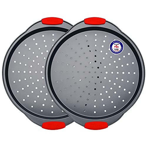 Pizza Tray – 2 Round with Silicone Handles – Carbon Steel Pizza Pan with Holes and Non-Stick Coating – PFOA PFOS and PTFE Free by Bakken