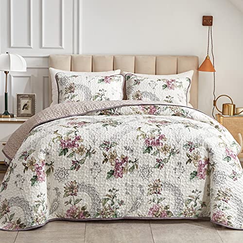 3 Pieces Quilt Set Full/Queen Size, Beige Floral Reversible Bedspread Coverlet Set, Soft Microfiber Lightweight Bed Cover for All Season (90' x 90', 1 Quilt+ 2 Pillow Shams)